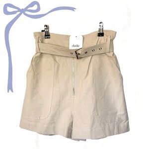 Elodie High Waist Front Zipper Belted Paper Bag Linen Summer Shorts In Taupe- XS